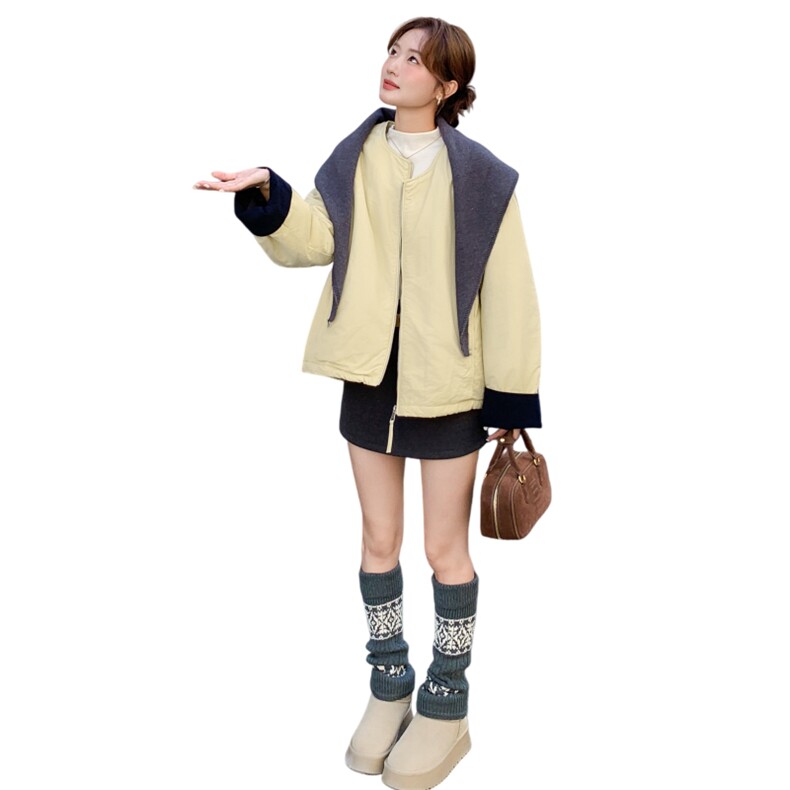 韩系撞色围巾羽绒棉服女秋冬2025新款加厚棉衣减龄温柔风绝美棉袄,女装棉衣/棉服,2C159