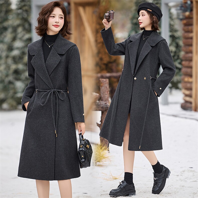 双面羊毛大衣女中长款秋冬2025新款高级感西装领系带收腰毛呢外套，女装双面呢大衣，魅丽静蓝