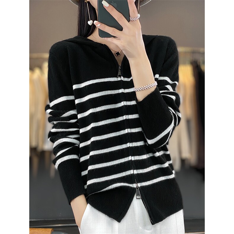 高奢定制款！精纺扬子纱加密双拉头条纹翻领开衫外套-YS12，女装羊毛衫，优麦羊绒（原洪叶羊绒）