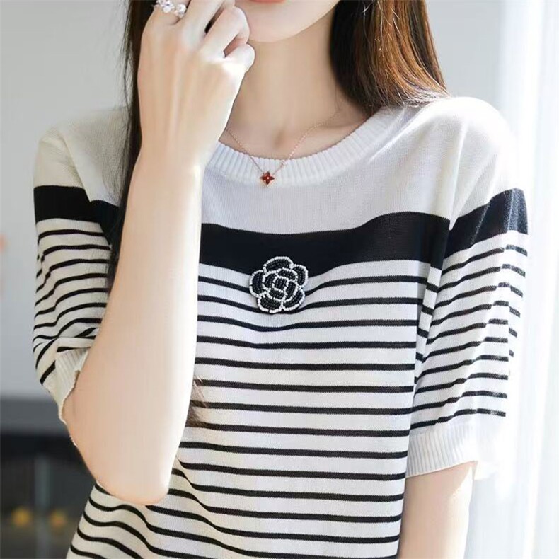 经典条纹~莱赛尔天丝山茶花条纹短袖女夏季圆领针织T恤打底衫,女装T恤,萱芳婷羊绒