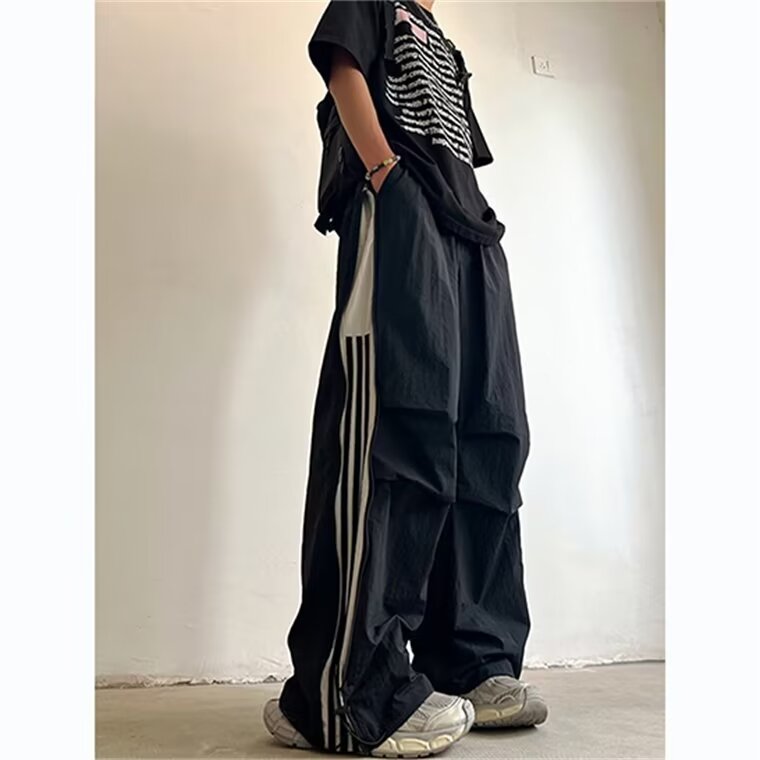 薄款速干三条杠宽松休闲长裤男拉链阔腿伞兵裤网图GB4544-P45有货图片
