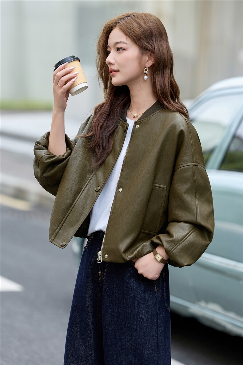 休闲棒球服免洗皮衣外套女2025秋季新款时尚减龄宽松百搭夹克上衣,女装皮衣,魅衣本色