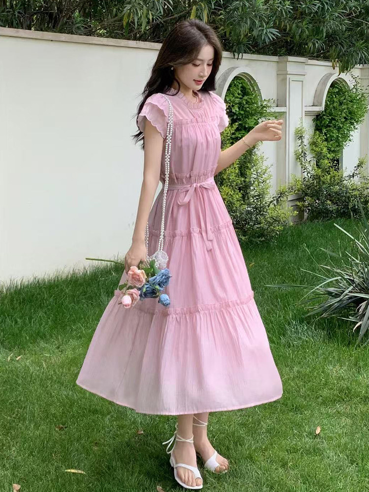 连衣裙女马卡龙色粉蓝黄2025夏季新款冰丝雪纺高级感减龄裙子,女装连衣裙,玖莱伊