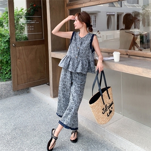 夏季无袖衫阔腿裤试试两件套女图片