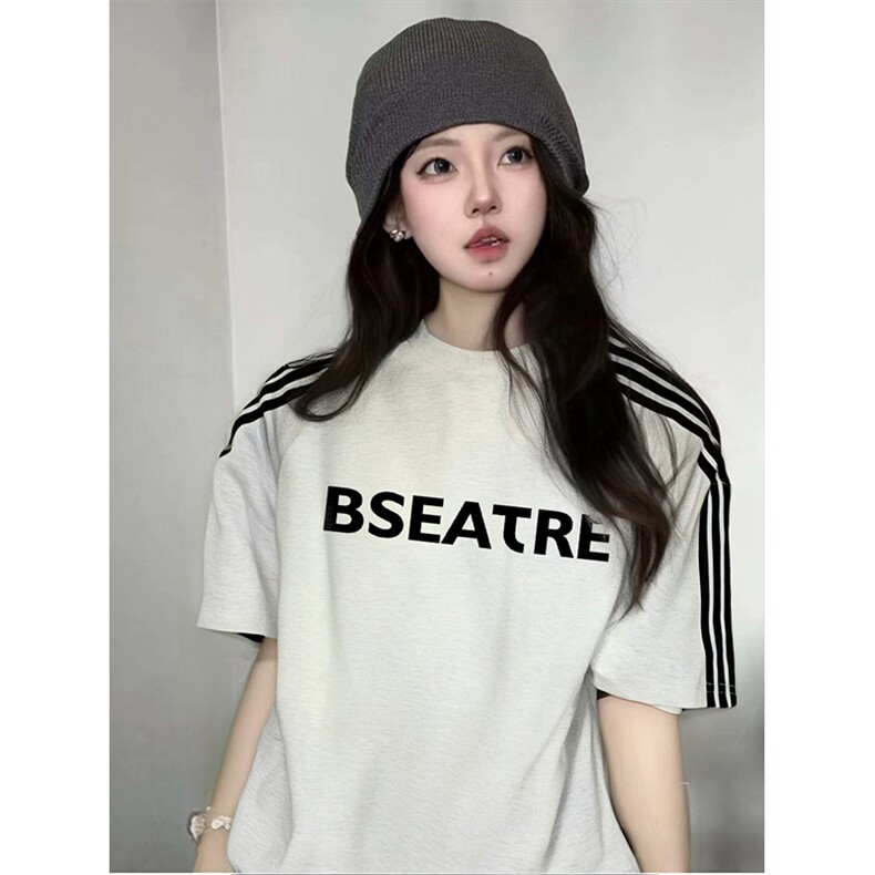 抖音得物品质二开240克宽松纯棉美式潮牌印花三条杠中性风短袖T恤,男装T恤,电商A486-1