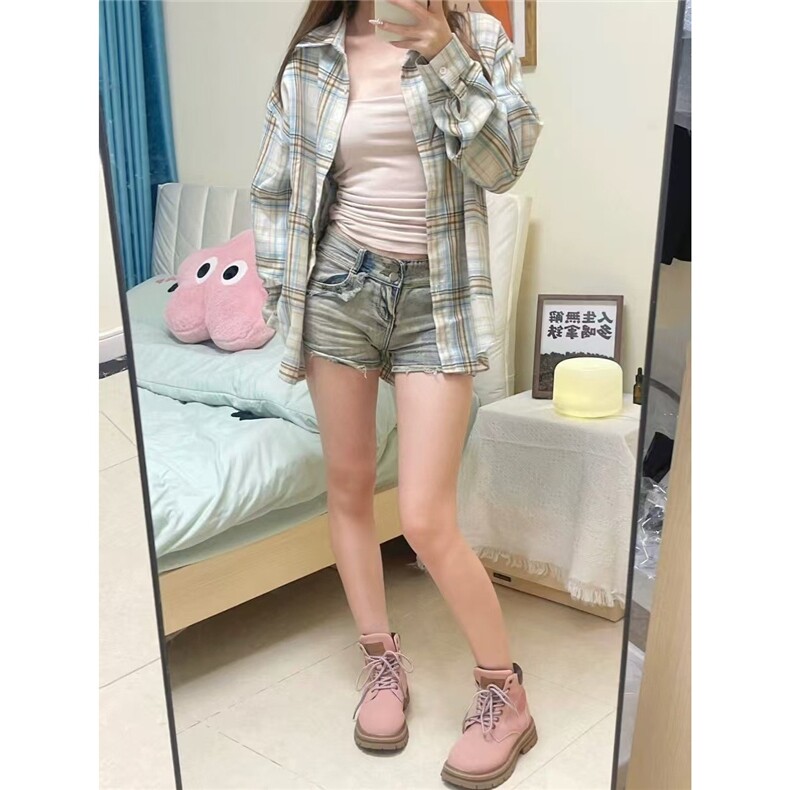 格子衬衫女复古港味2025年春秋季新款宽松韩版长袖叠穿外套,男装衬衫,星座506A