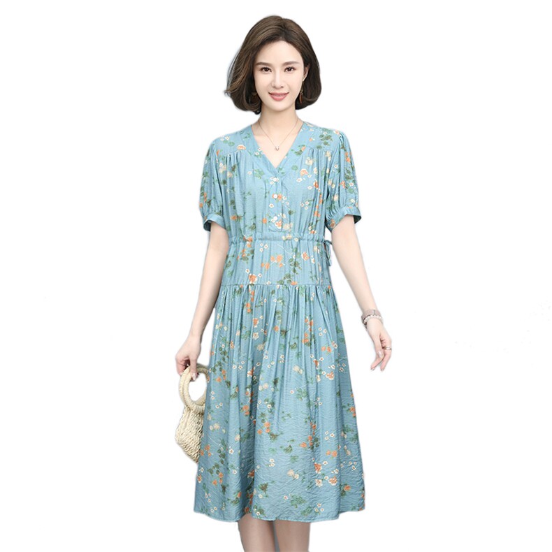 夏季新款优雅碎花连衣裙女宽松显瘦V领短袖长裙气质淑女裙,女装连衣裙,叶笙衣