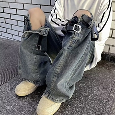 小众复古做旧立体拼接膝盖破洞皮带绑带设计美式NK833P52，男装牛仔裤，星座1116-2