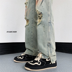 B221美式ins高街暗黑小众喷墨拉链破洞牛仔裤LK23085-P65控88，男装牛仔裤，电商B221