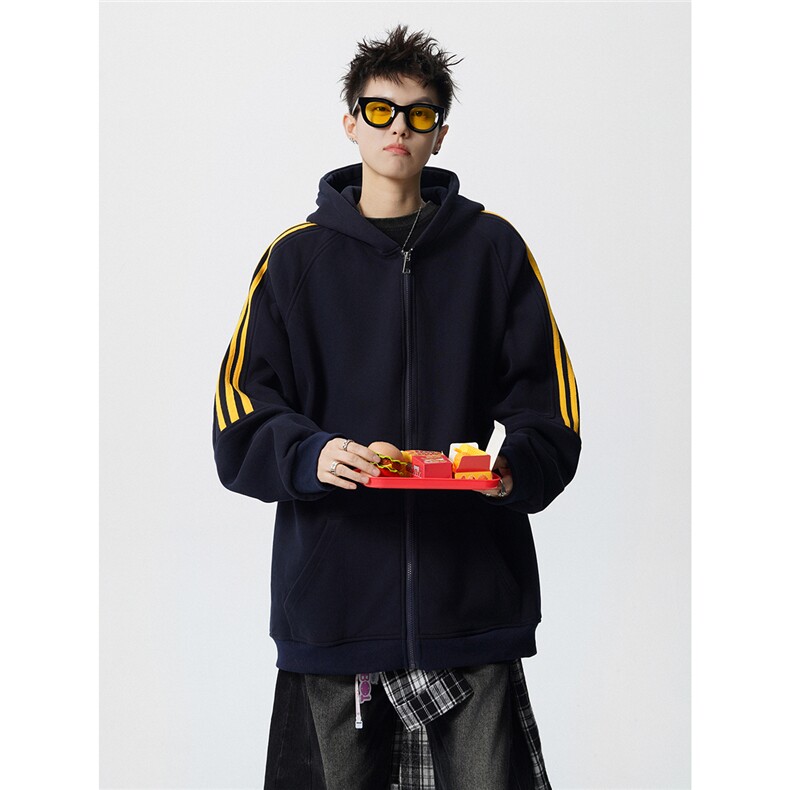 8XL-M秋冬美式运动三条杠条纹开衫卫衣连帽特大码宽松JK5206/P65图片