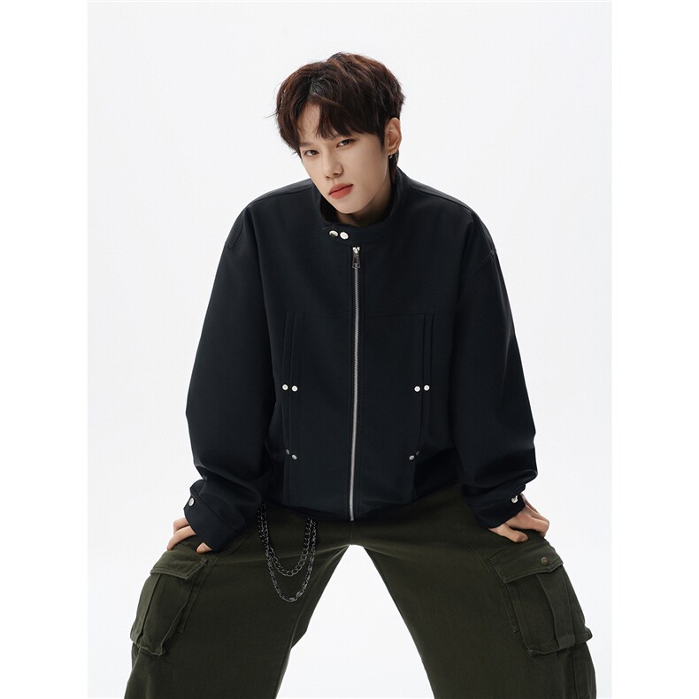 铆钉风琴折街头美式潮牌立领夹克情侣宽松百搭外套W375TP85控148，男装夹克，电商A170