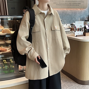 A775-P36 新款百搭华夫格外套男潮流宽松长袖衬衫日系休闲衬衣服图片