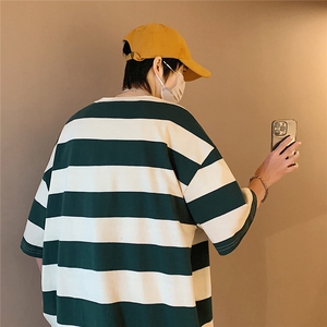 1港风美式字母印花设计大码M-5XL潮条纹短袖T恤男77023P35控58图片