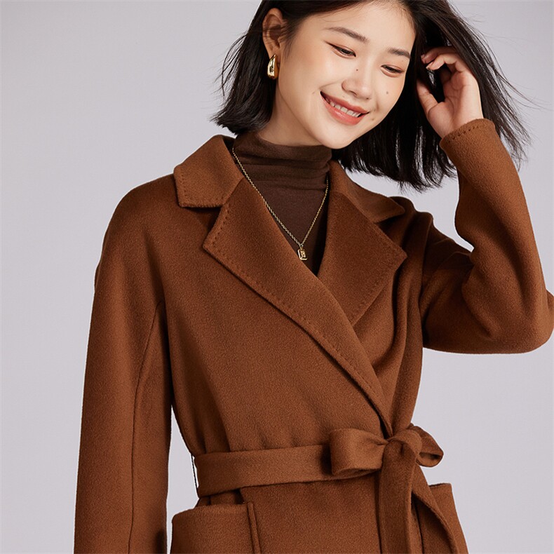 秋冬新款经典色简约气质中长款百搭羊毛大衣女,女装双面呢大衣,羊程大衣