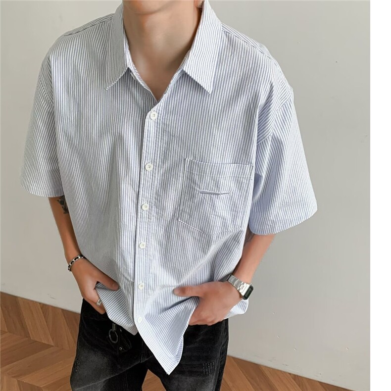 男基础通勤少年感蓝条纹牛津纺翻领衬衫工装夏休闲衬衣LS220P33，男装衬衫，星座1013-5