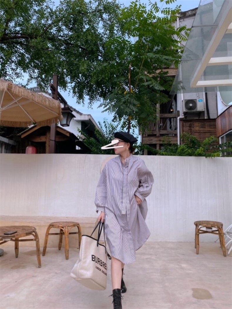 条纹衬衫裙，女装衬衫，驿谷