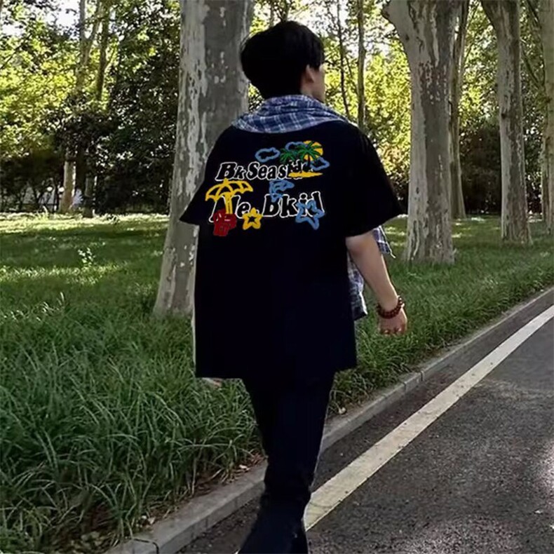 万针全刺绣工艺抖音得物高品质260克重磅纯棉双纱美式高街短袖T恤,男装T恤,电商A486-1