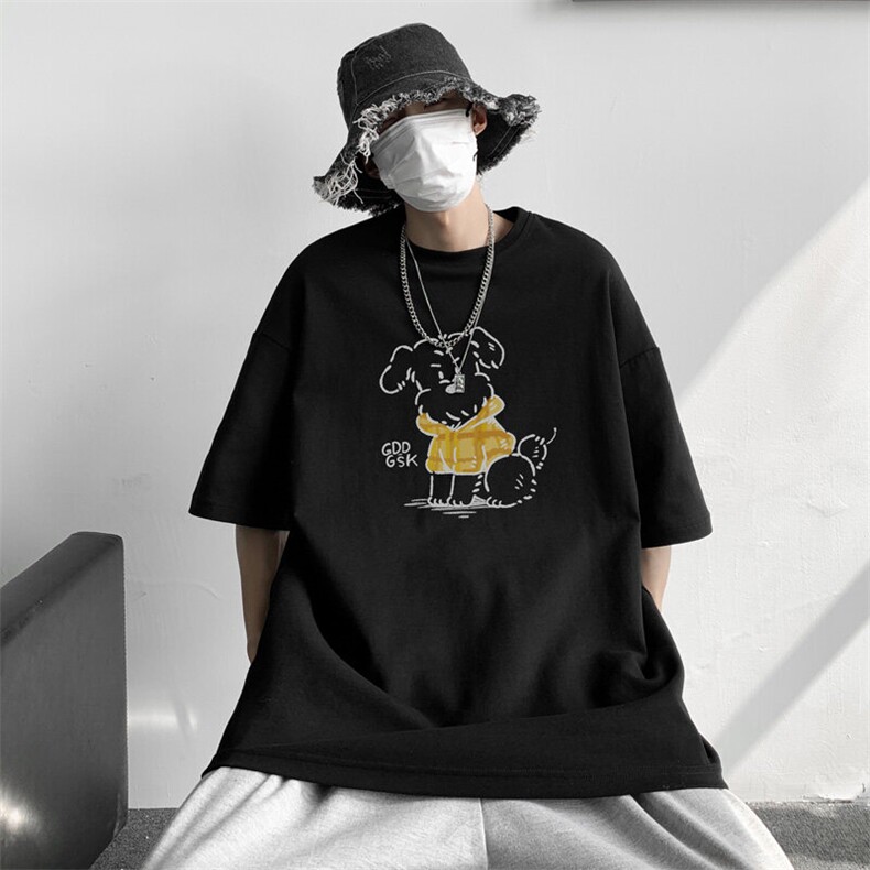 夏季新款内景简笔画小狗短袖T恤男潮宽松体恤DT00503/P25,男装T恤,电商B316