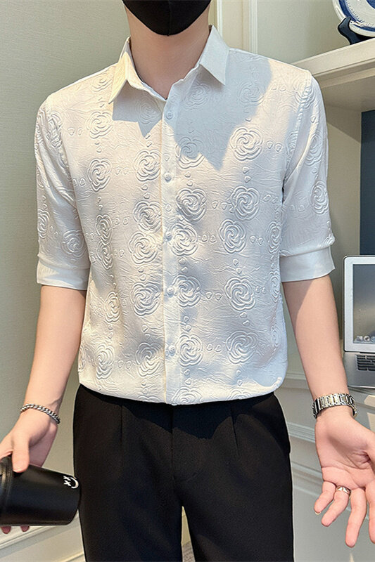 店主风社会小伙男士褶皱花泡七分袖衬衫男衬衣301A-1/CS569/P55,男装衬衫,星座301A-1