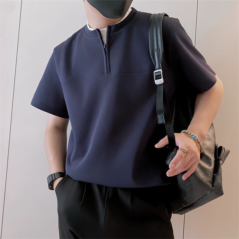 8972/P58控78夏季小伙假两件半拉链短袖T恤男轻奢老钱风上衣藏青2,男装T恤,星座305B