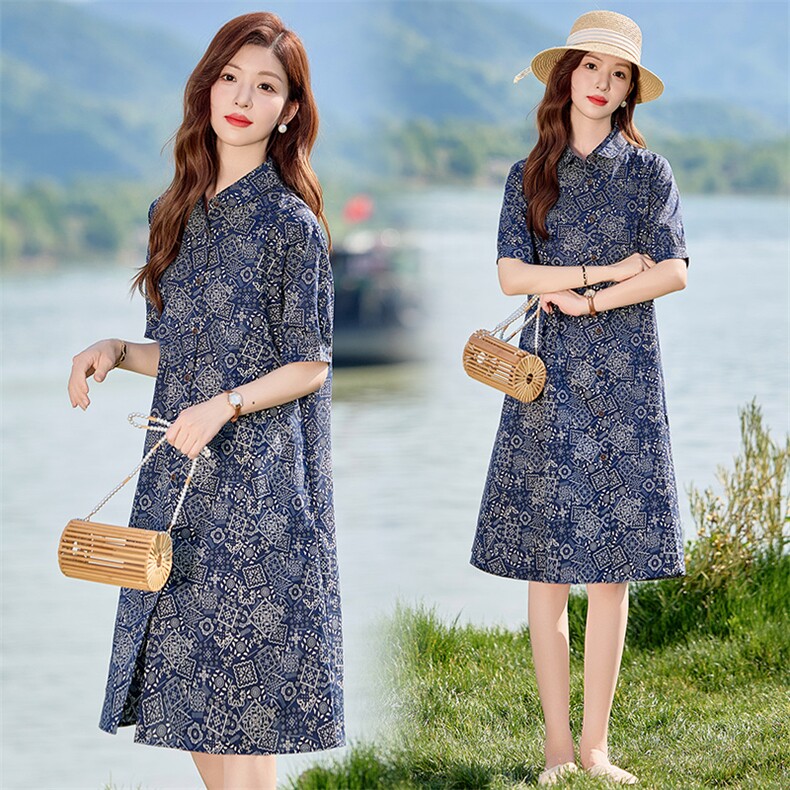 现货2025年夏季文艺复古印花妈妈休闲连衣裙,女装连衣裙,依恋蒂丝