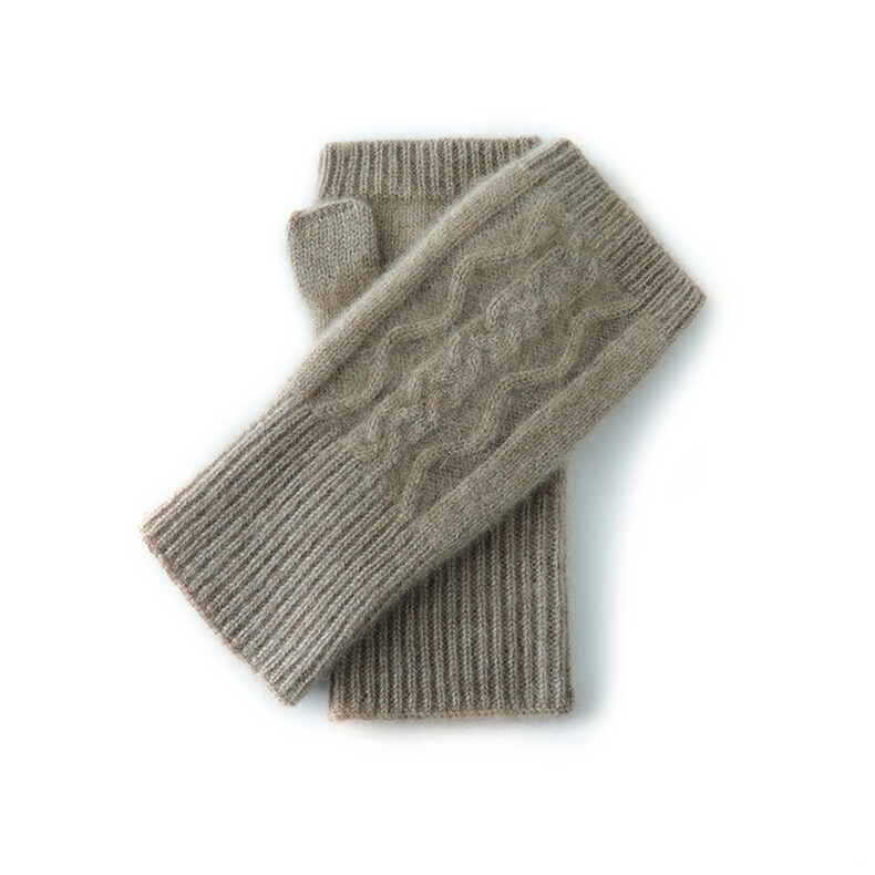 御寒无缝纯山羊绒手套女冬加厚保暖绞花针织露指学生半指手套，手套，轩妮羊绒