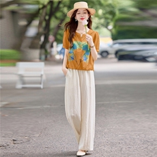 时尚套装女装2025夏季新款短袖上衣阔腿裤妈妈休闲穿搭减龄两件套，女装套装/套裙，依万里