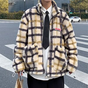棉衣男港风宽松格子保暖加厚潮牌羊羔毛外套大衣B288-MJ400图片