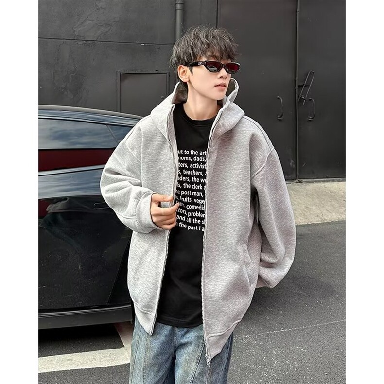 廓形连帽开衫卫衣外套男春秋季2024简约宽松休闲慵懒拉链EG126图片