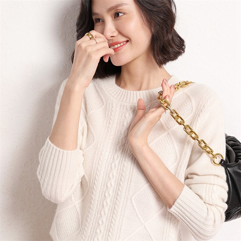 休闲/淑女2024年秋季通勤百搭新款柔软舒适扭花加厚羊绒衫女士,女装羊绒衫,艾米娇羊绒