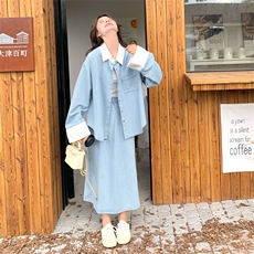 韩版宽松蓝色条纹衬衫半身裙套装女2025秋季新款高级感穿搭两件套，女装套装/套裙，2C108