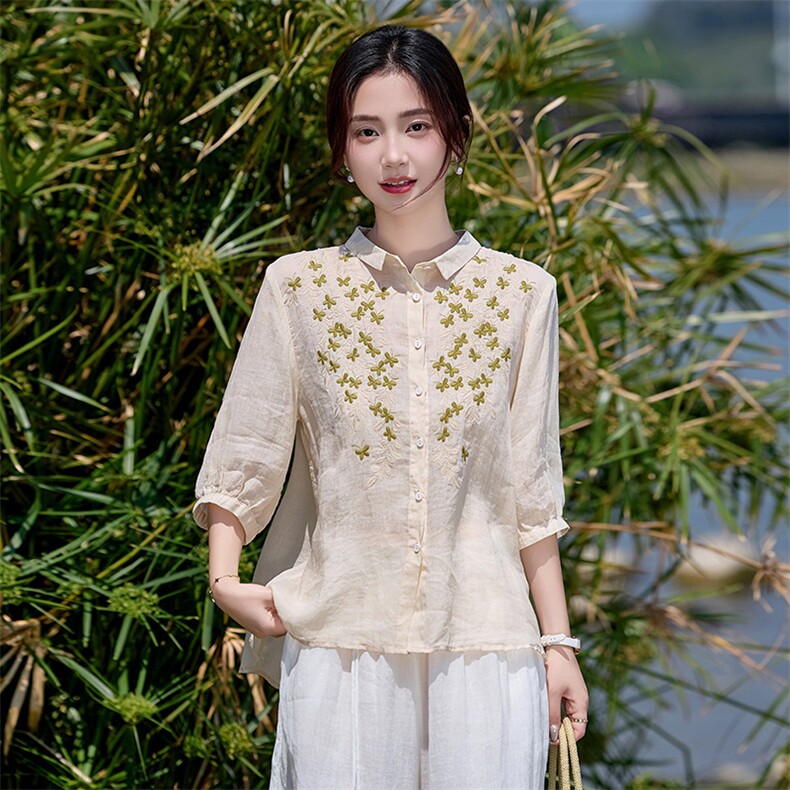 时尚拼色高档刺绣苎麻衬衫女2025新款夏季薄款气质小翻领衬衣小衫,女装衬衫,余墨