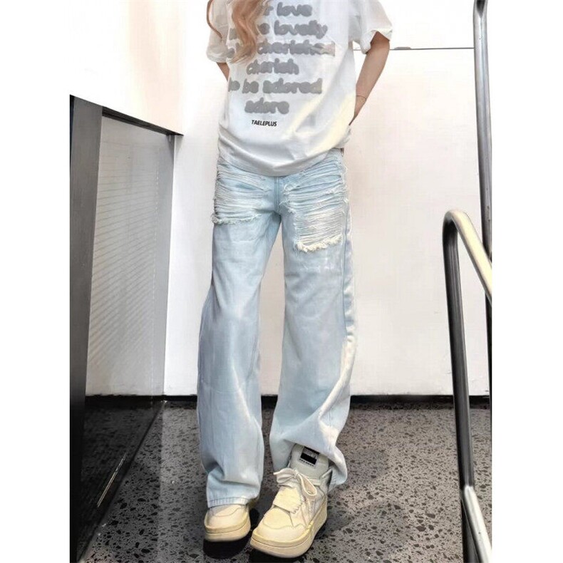 水洗蓝色破洞阔腿牛仔裤男女夏季磨破宽松百搭直筒拖地裤NS702,男装牛仔裤,星座1116A（原606A-3）