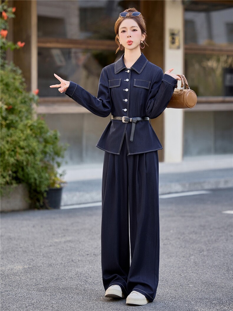 （新款现货）2026春装时尚收腰显瘦天丝牛仔阔腿腰带套装两件套,女装套装/套裙,印象茜