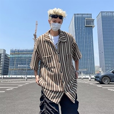 复古竖条纹针织短袖衬衣男2024夏季韩版潮流宽松半袖衬衫休闲，男装衬衫，星座716-4