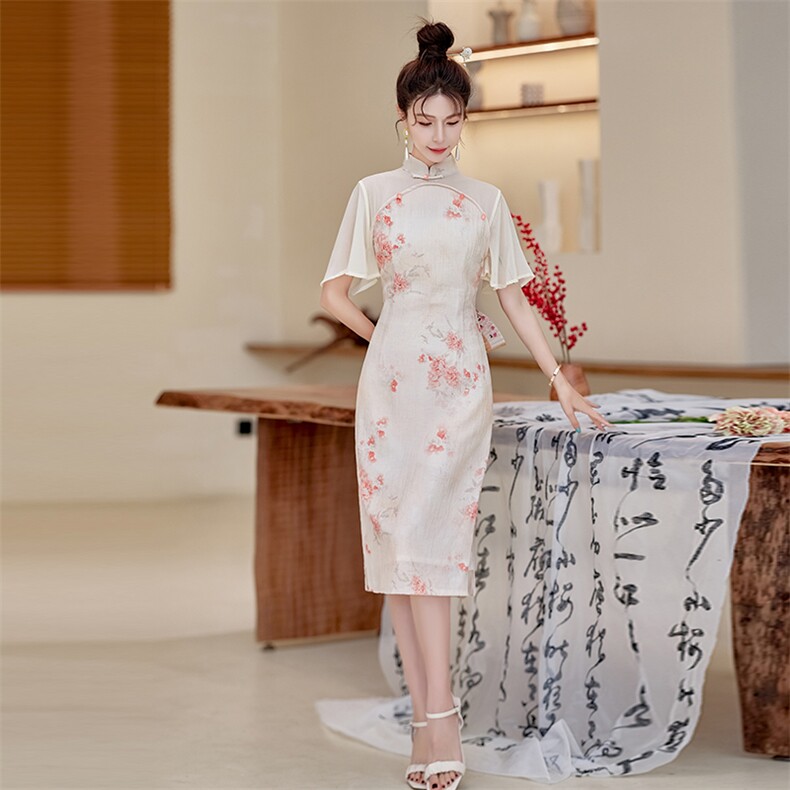 中式连衣裙女夏季新款提花长裙送考开叉雪纺裙改良版奥黛日常旗袍,女装连衣裙,利佳可人