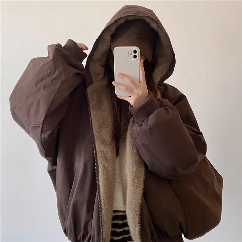 潮牌两面穿仿兔毛棉衣男冬美式痞帅保暖连帽棉服复古百搭情侣外套,男装棉衣,星座813-2