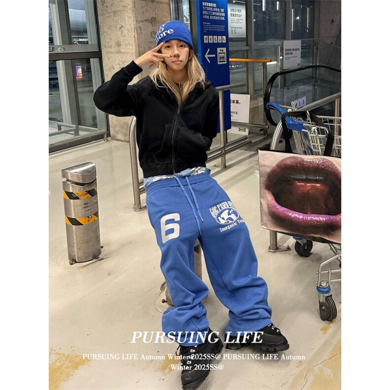 1506-1/W1667 1/P47蓝色字母印花休闲裤男女春季高街复古hiphop图片