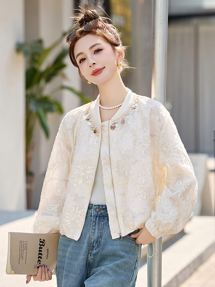 棒球服女2025开春新款小个子休闲百搭洋气小香风白色短款蕾丝外套,女装短外套,依如秀(原杭风阁)