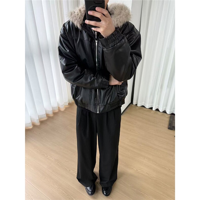 美式PU皮衣兔毛座山雕棉服外套W1871/特P110,男装皮衣,电商B350