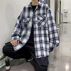 格子拼接衬衫男女长袖潮牌刺绣百搭衬衣港风bf宽松休闲外套-S390，男装衬衫，星座601-2