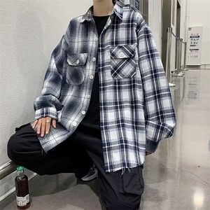 格子拼接衬衫男女长袖潮牌刺绣百搭衬衣港风bf宽松休闲外套-S390图片