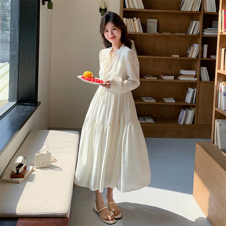 2025春季新款高级韩系抽绳长袖连衣裙2C220-L510-P155K209,女装连衣裙,2C220