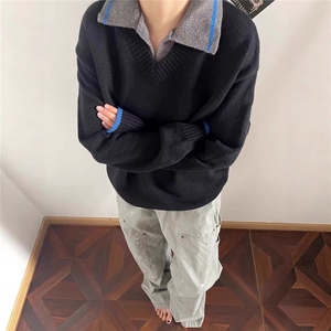 韩系假两件针织衬衫领拼接polo衫毛衣男生高级感保暖上衣AM7380,矮个子女生衬衫搭配裤子图片