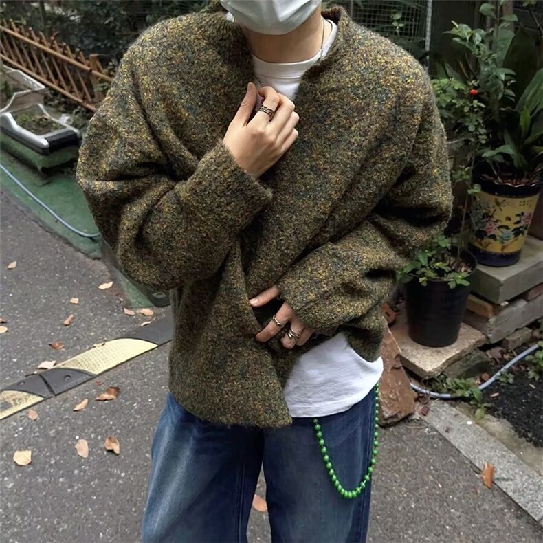 838-P63美式复古马海毛绿色毛衣男款秋季韩系慵懒风格穿,男装针织衫/毛衣,电商B323A