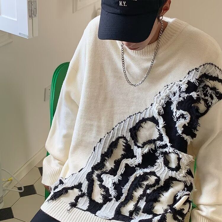 7116-P42破洞毛衣男款冬季设计感小众潮牌外套秋冬款慵懒高级感,男装T恤,电商B323A