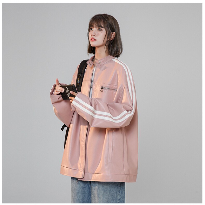 美式撞色条纹小立领PU皮衣情侣机车服夹克外套JK2315-P98控128,男装夹克,星座221-1