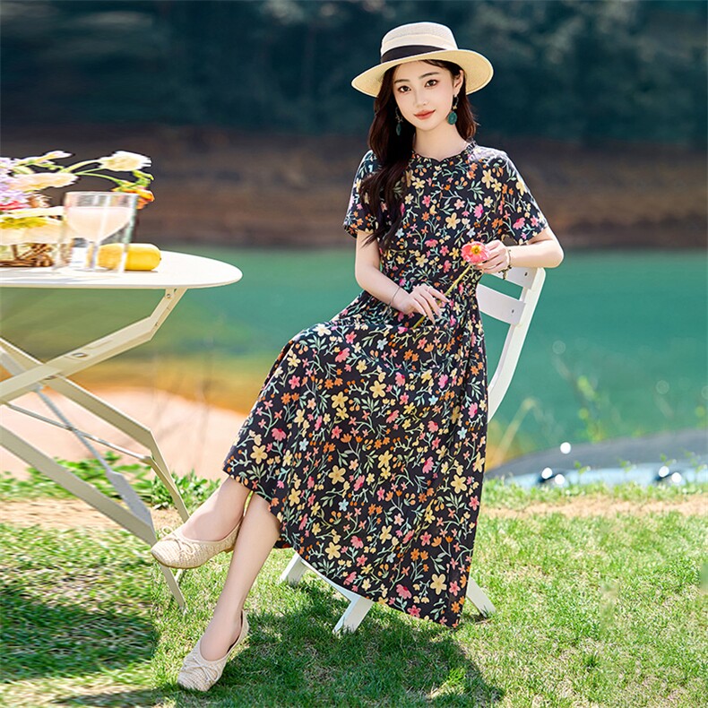 时尚潮流100%棉优雅气质休闲韩版收腰显瘦女装连衣裙印花中长款,女装连衣裙,倪叶myz