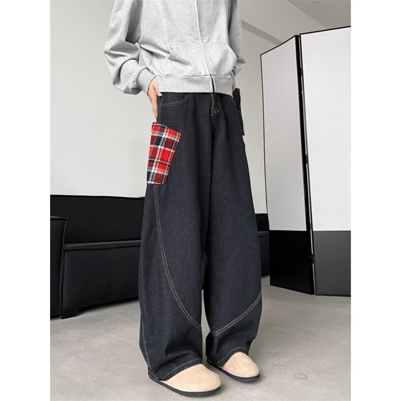 DK9885-P55美式拼接格子牛仔裤男秋季2025新款宽松弯刀阔腿长裤,男装牛仔裤,电商C233