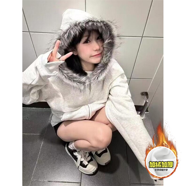 480G重磅加绒硬挺boxy秋冬美式高街超大毛领座山雕连帽卫衣厚外套，女装短外套，电商A486-1